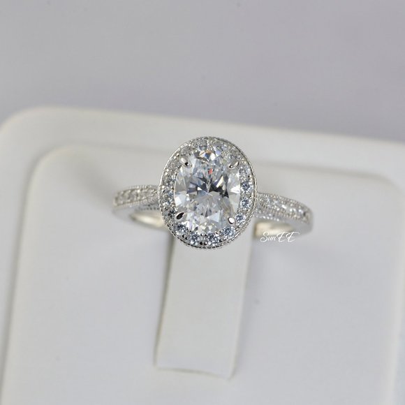 NEW 925 STERLING SILVER WOMENS HALO OVAL WEDDING ENGAGEMENT RING - Picture 5 of 6